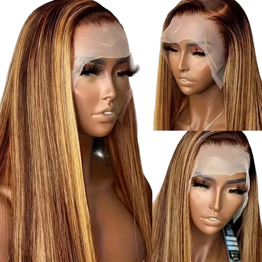 Perruque Lace Front Cheveux Humains Lisses 200 Densité Mèches Highlights