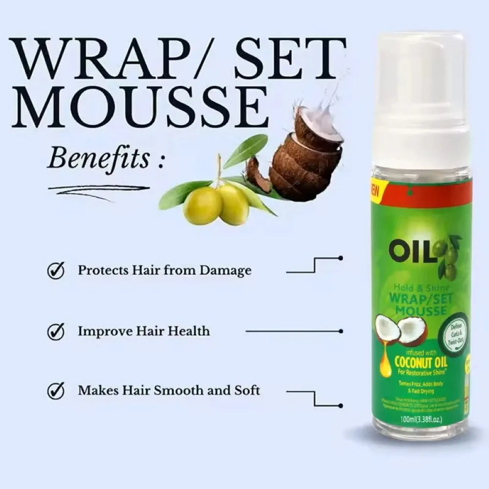 Wrap/Set Mousse with coconut oil for hair, offers protection, improves health, and makes hair smooth and soft.