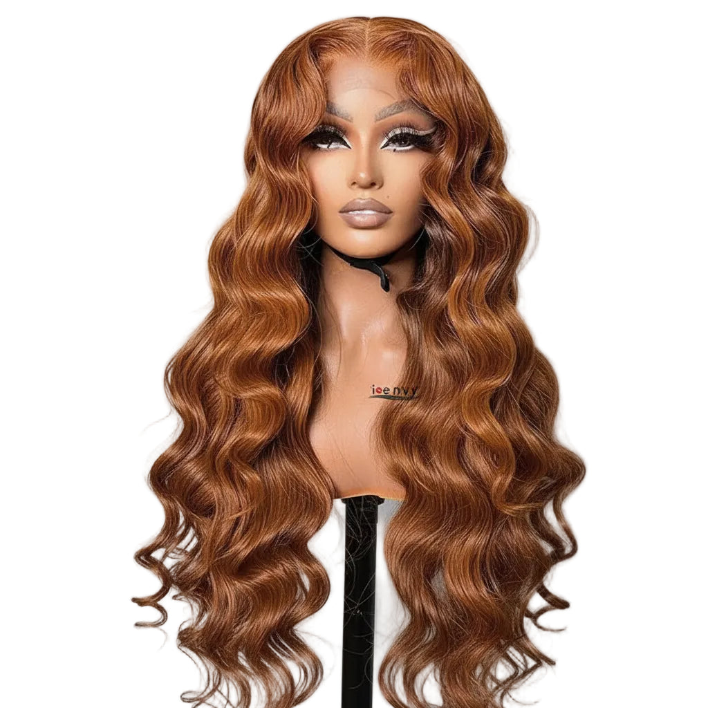 Perruque de cheveux humains ondulés, frontale en dentelle, blond vénitien