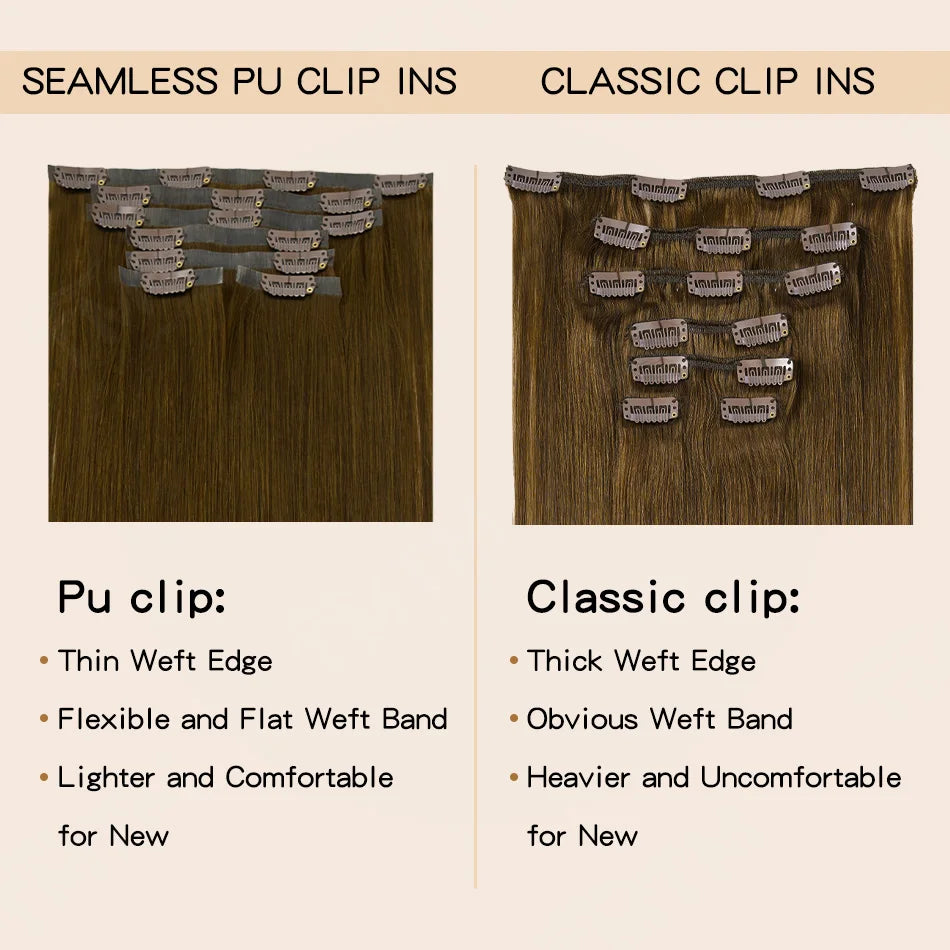Extensions à clips en cheveux humains PU invisibles, 7 pièces, 110 g