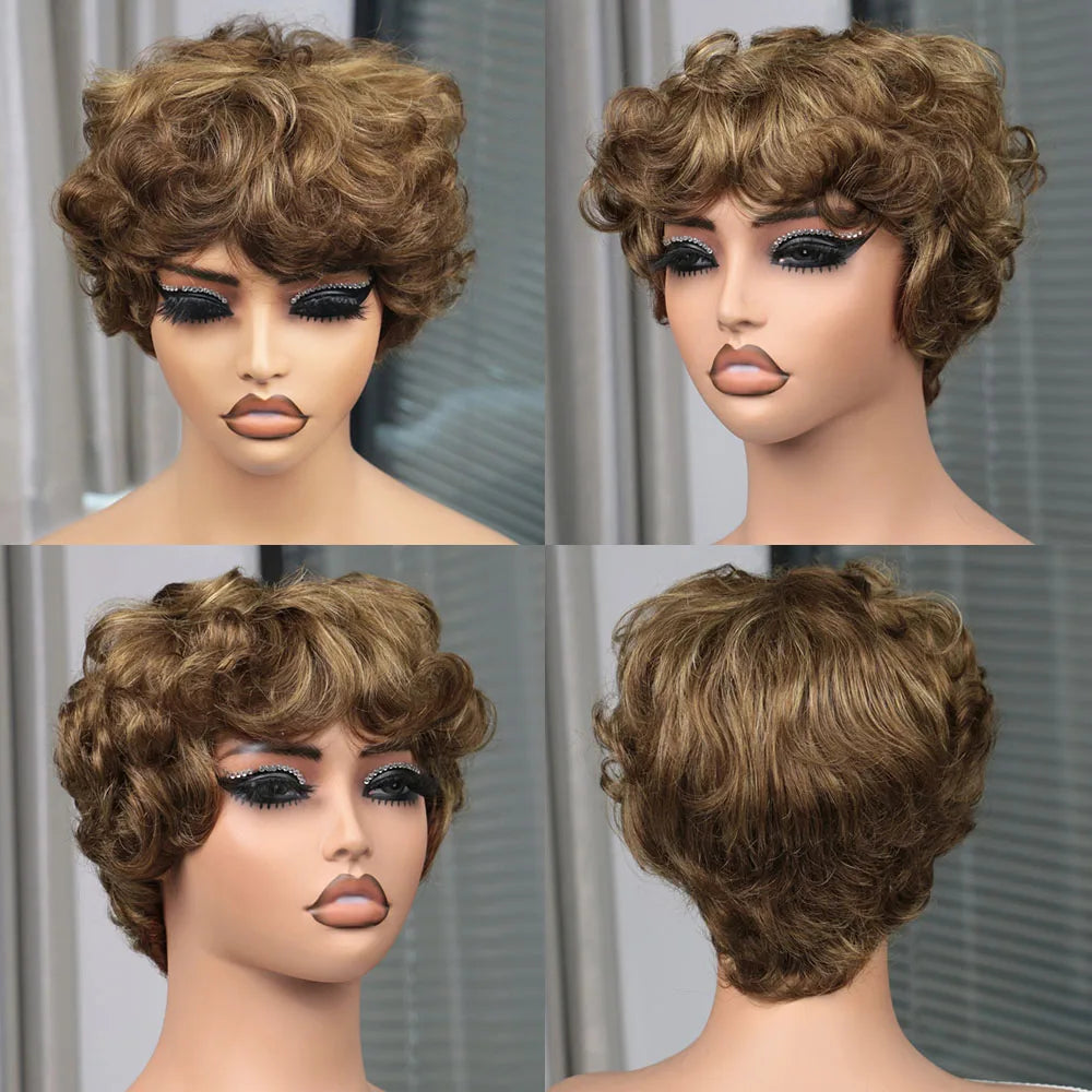 Short Pixie Cut Curly Bob Human Hair Wig With Bangs
