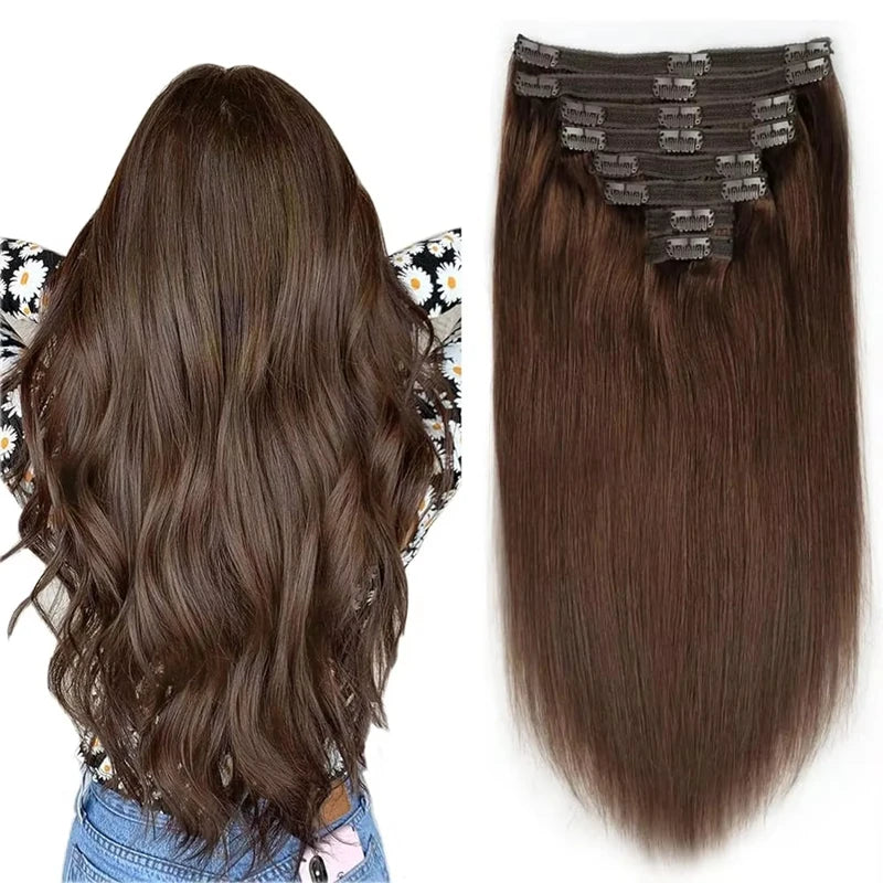Extensions à clip brun 8 pièces 120g Cheveux humains Remy