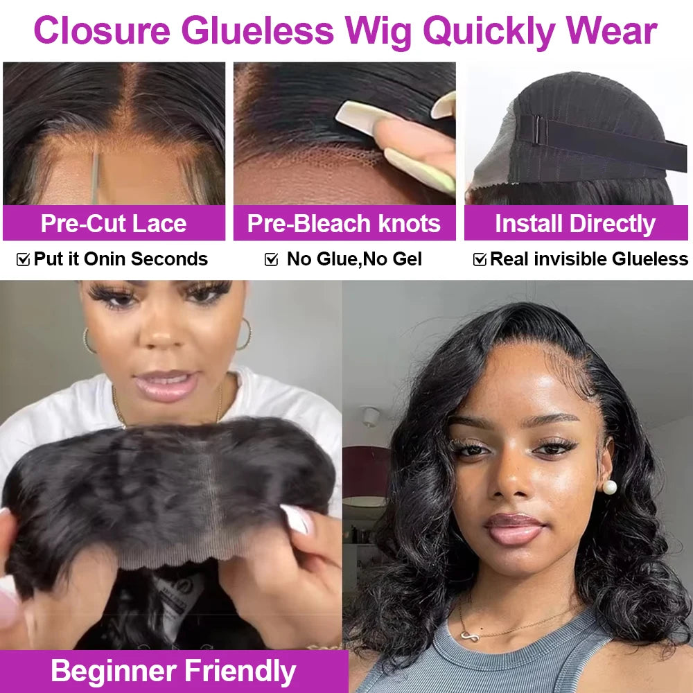 Perruque bob cheveux naturels ondulés HD Lace Frontal sans colle