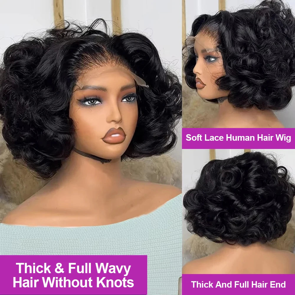 Perruque bob cheveux naturels ondulés HD Lace Frontal sans colle
