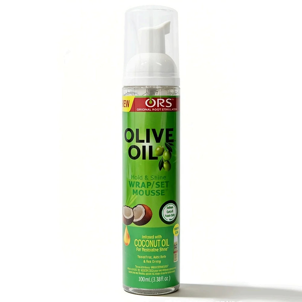 Curly Hair Mousse for Wigs 100ml by ORS, infused with olive oil for strong hold and anti-frizz styling.