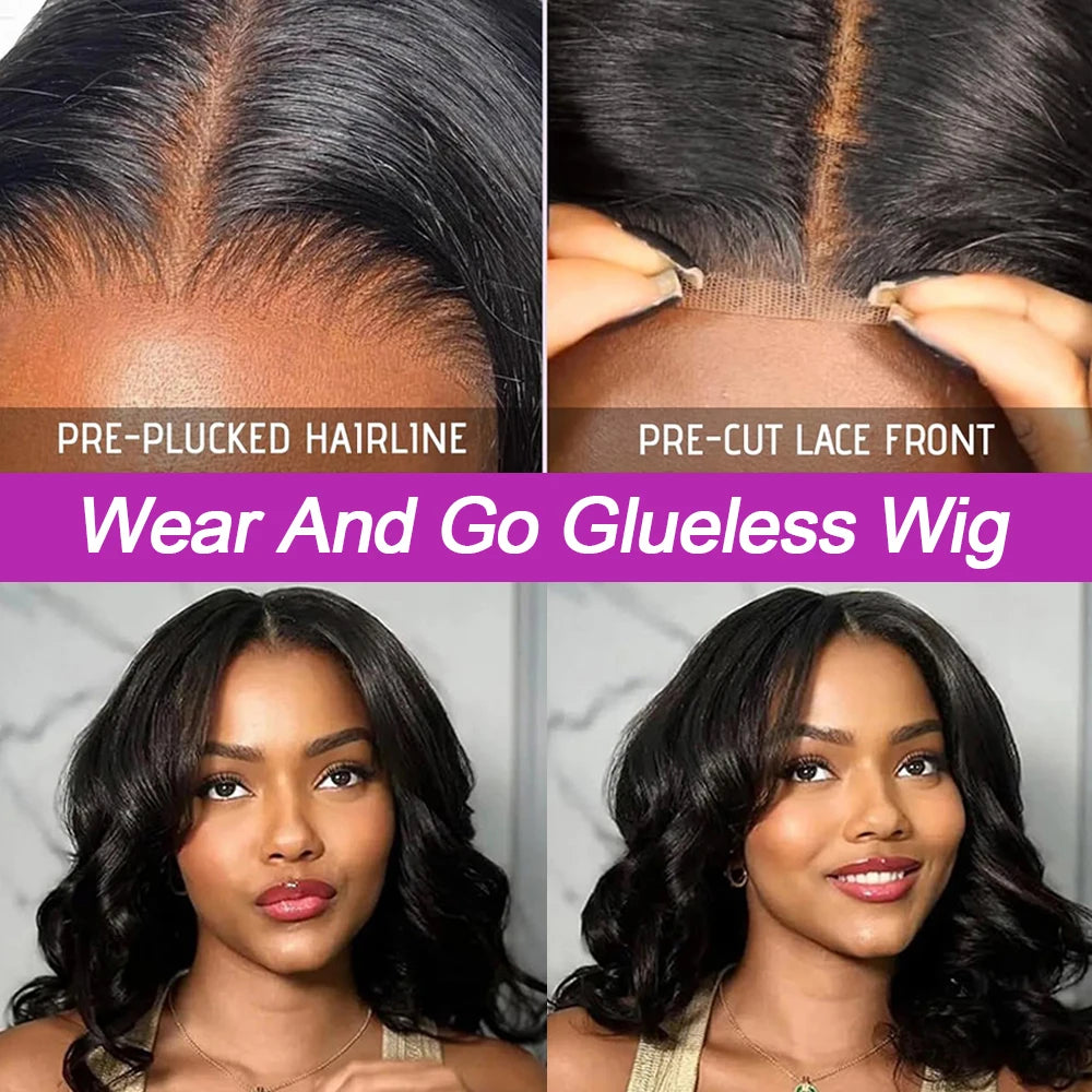 Perruque bob cheveux naturels ondulés HD Lace Frontal sans colle