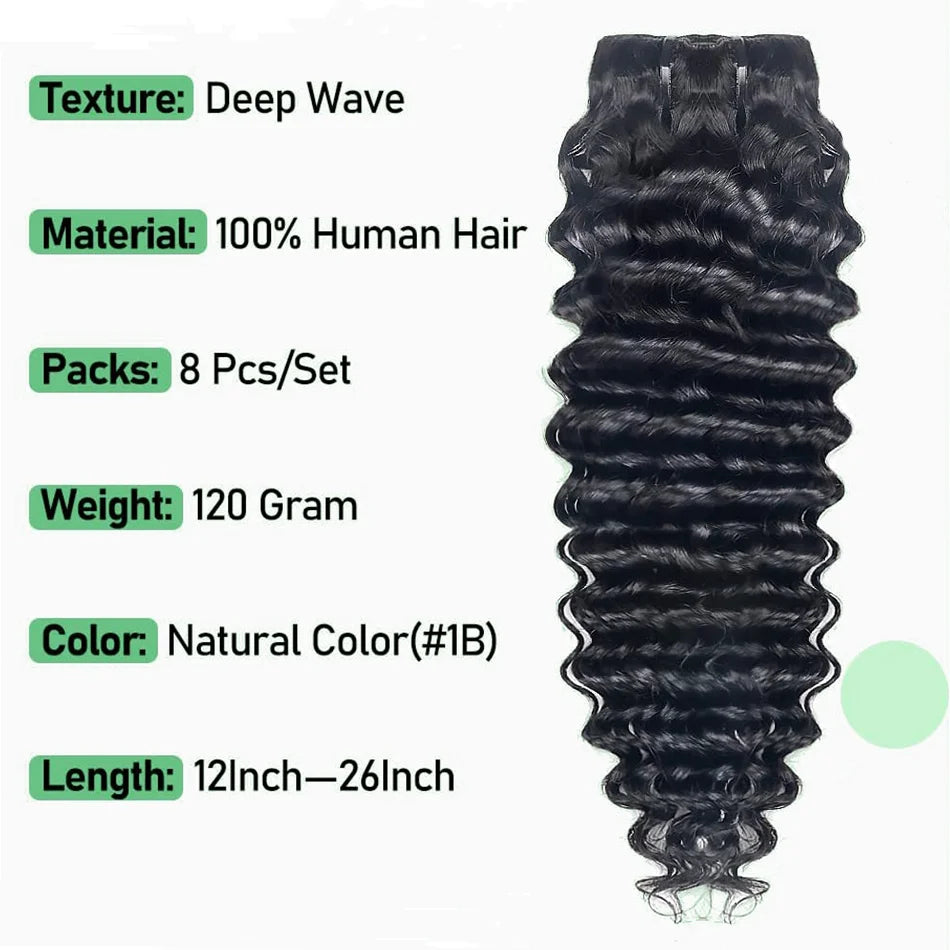 Extensions de cheveux humains à clipser Deep Wave, 8 pièces, 120 g