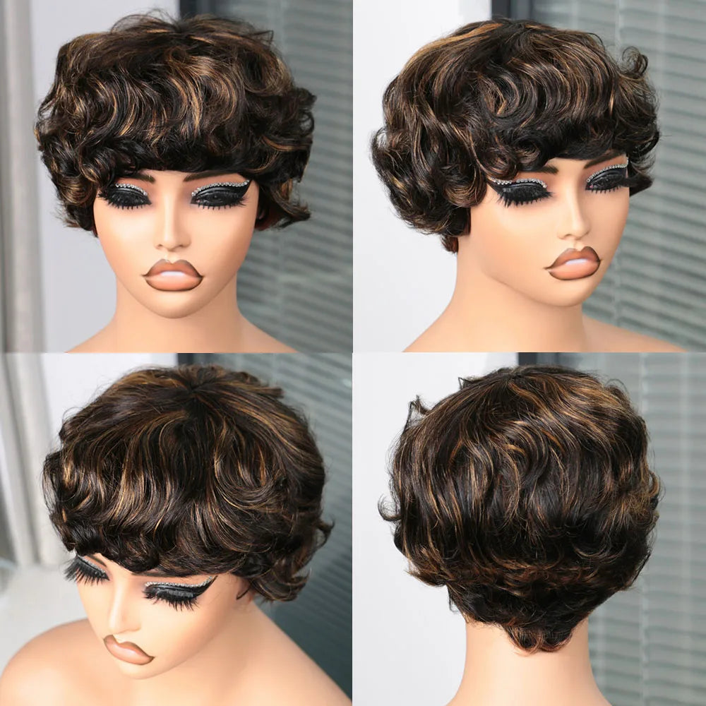 Short Pixie Cut Curly Bob Human Hair Wig With Bangs
