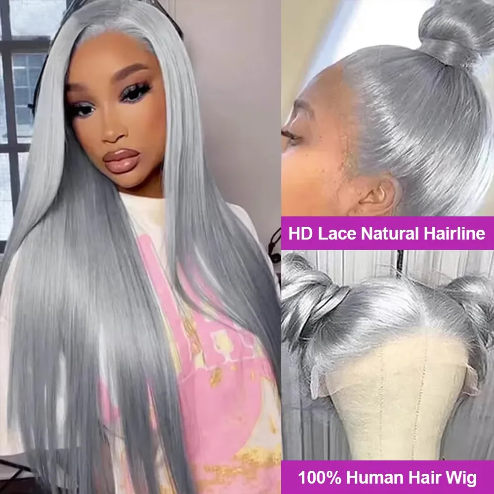13x6 Silver Grey Lace Front Wig Straight Human Hair