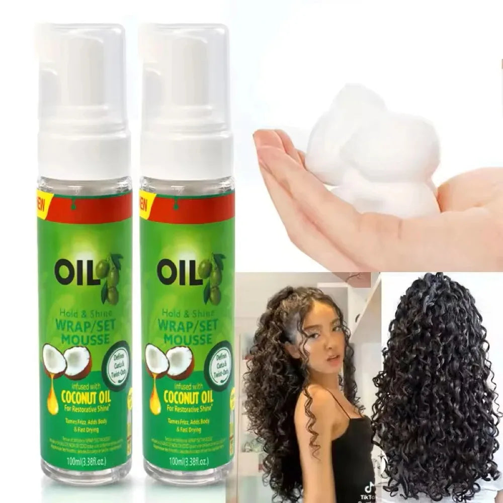 Curly hair mousse for wigs, featuring two bottles with coconut oil formula, holding curls and adding shine.