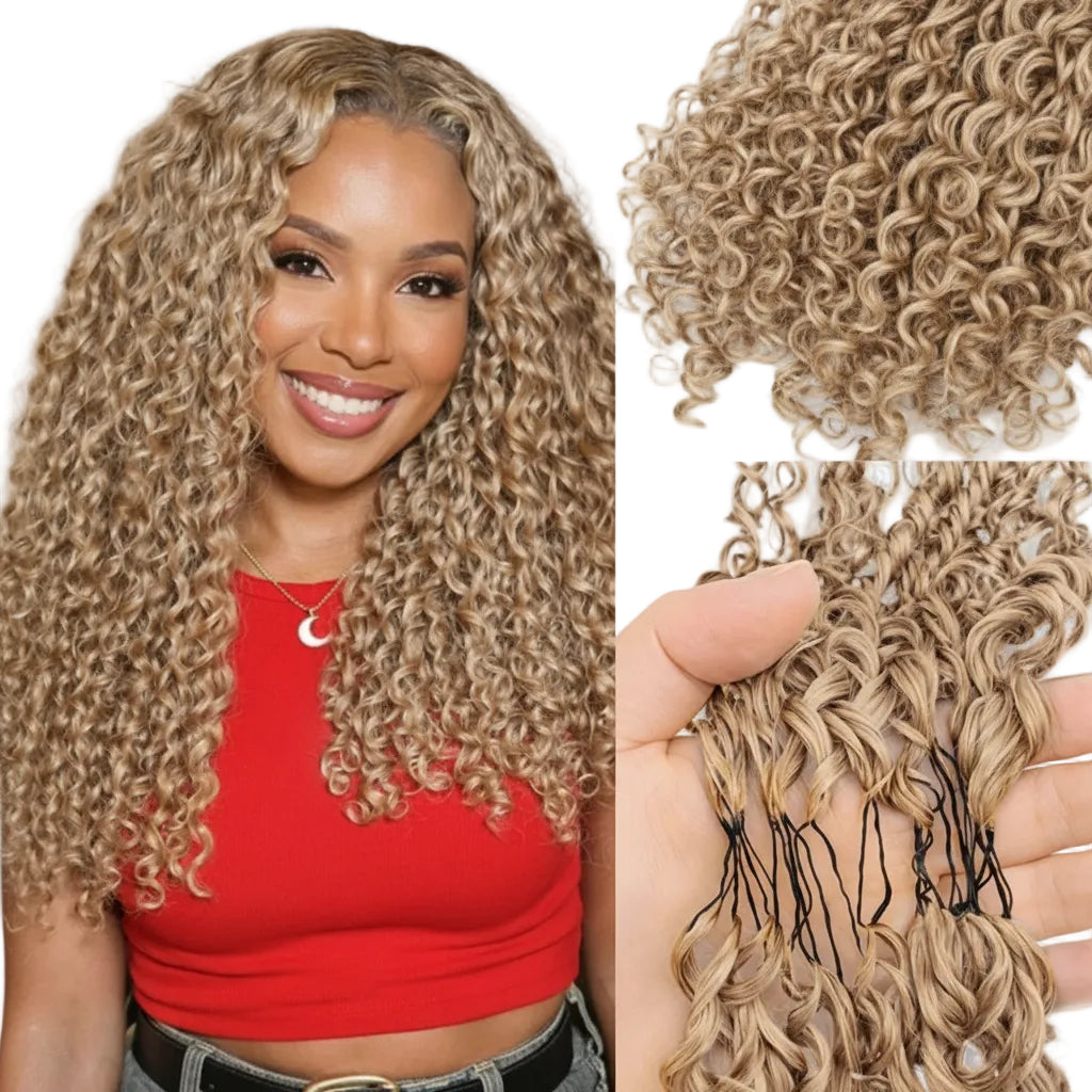 Cheveux humains bouclés birmans blond miel avec crochet en plumes