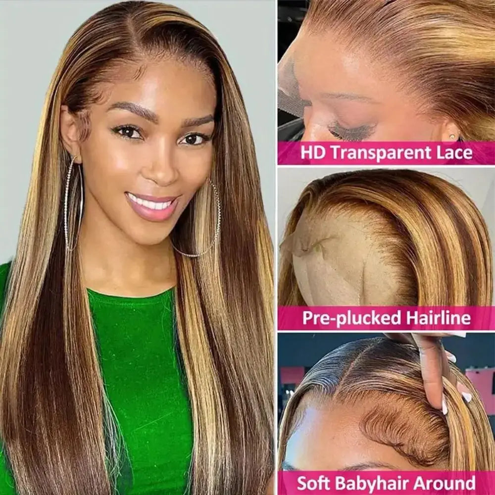 Perruque Lace Front Cheveux Humains Lisses 200 Densité Mèches Highlights