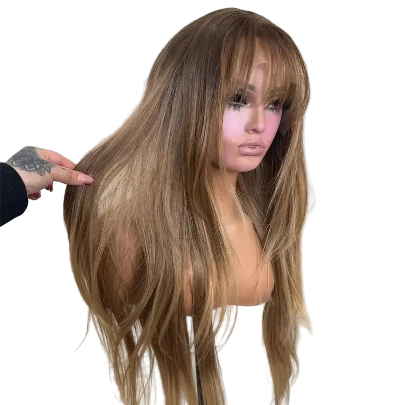 Ombre Blonde Brown HD Synthetic Lace Front Wig With Bangs