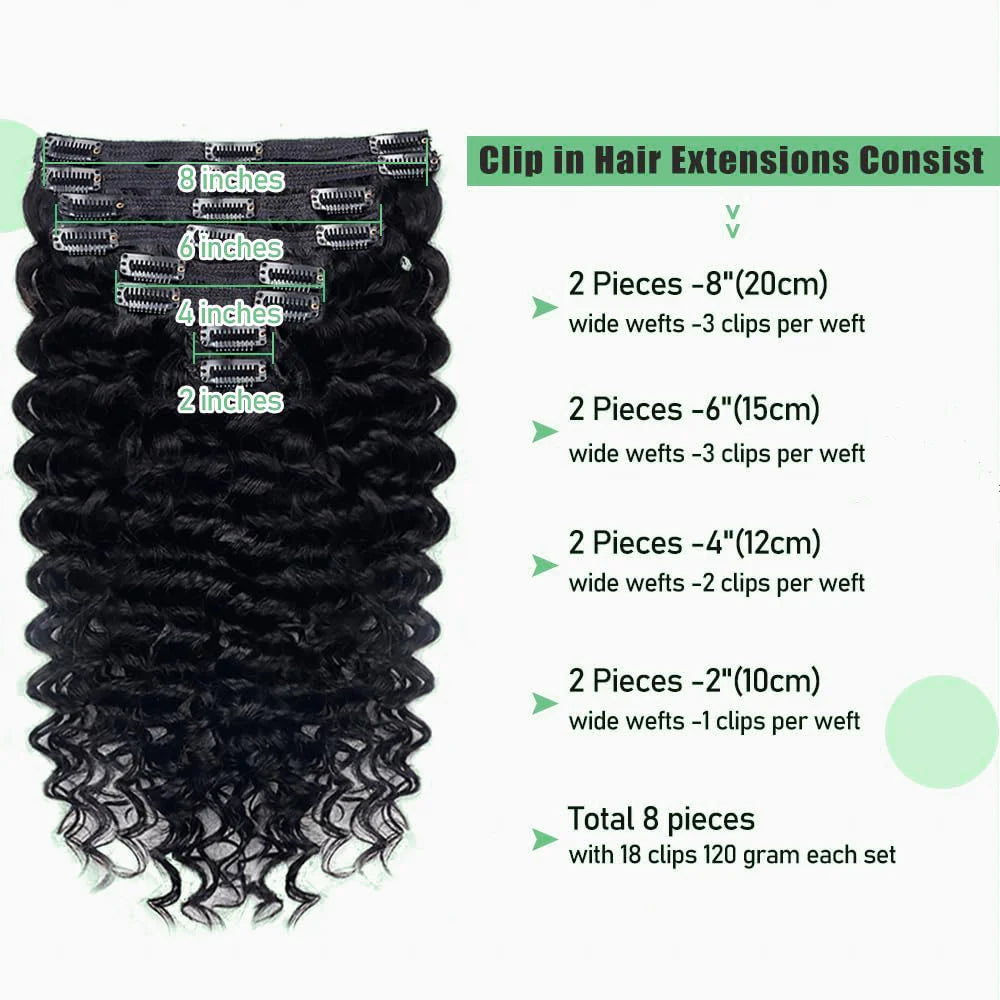 Extensions de cheveux humains à clipser Deep Wave, 8 pièces, 120 g