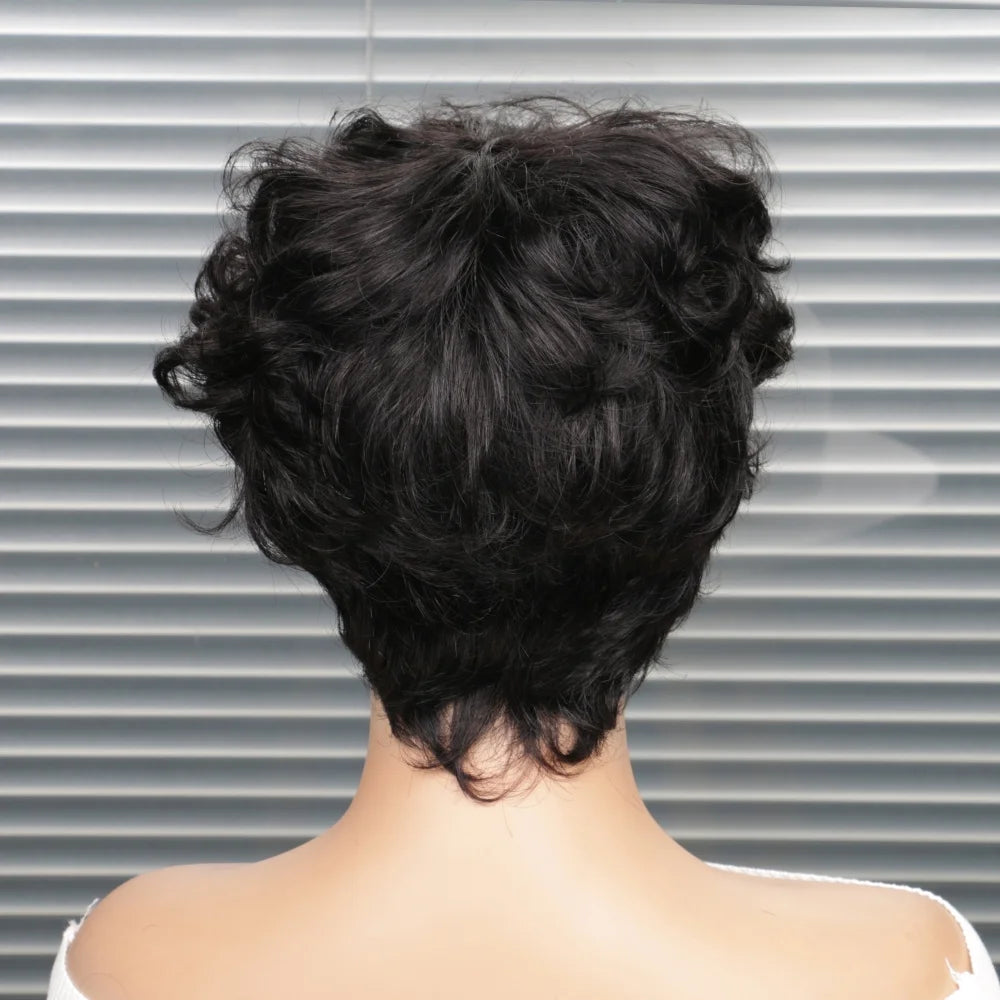 Short Pixie Cut Curly Bob Human Hair Wig With Bangs