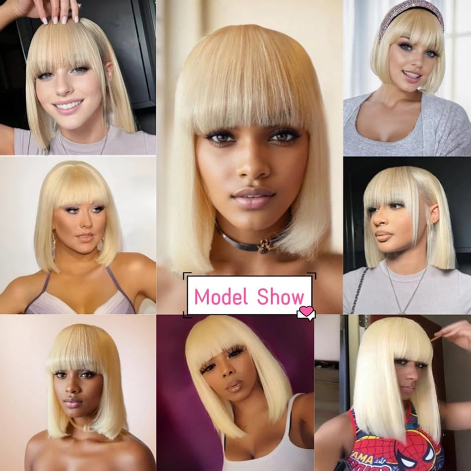 613 Blonde Straight Bob Wig With Bangs – Human Hair, No Lace