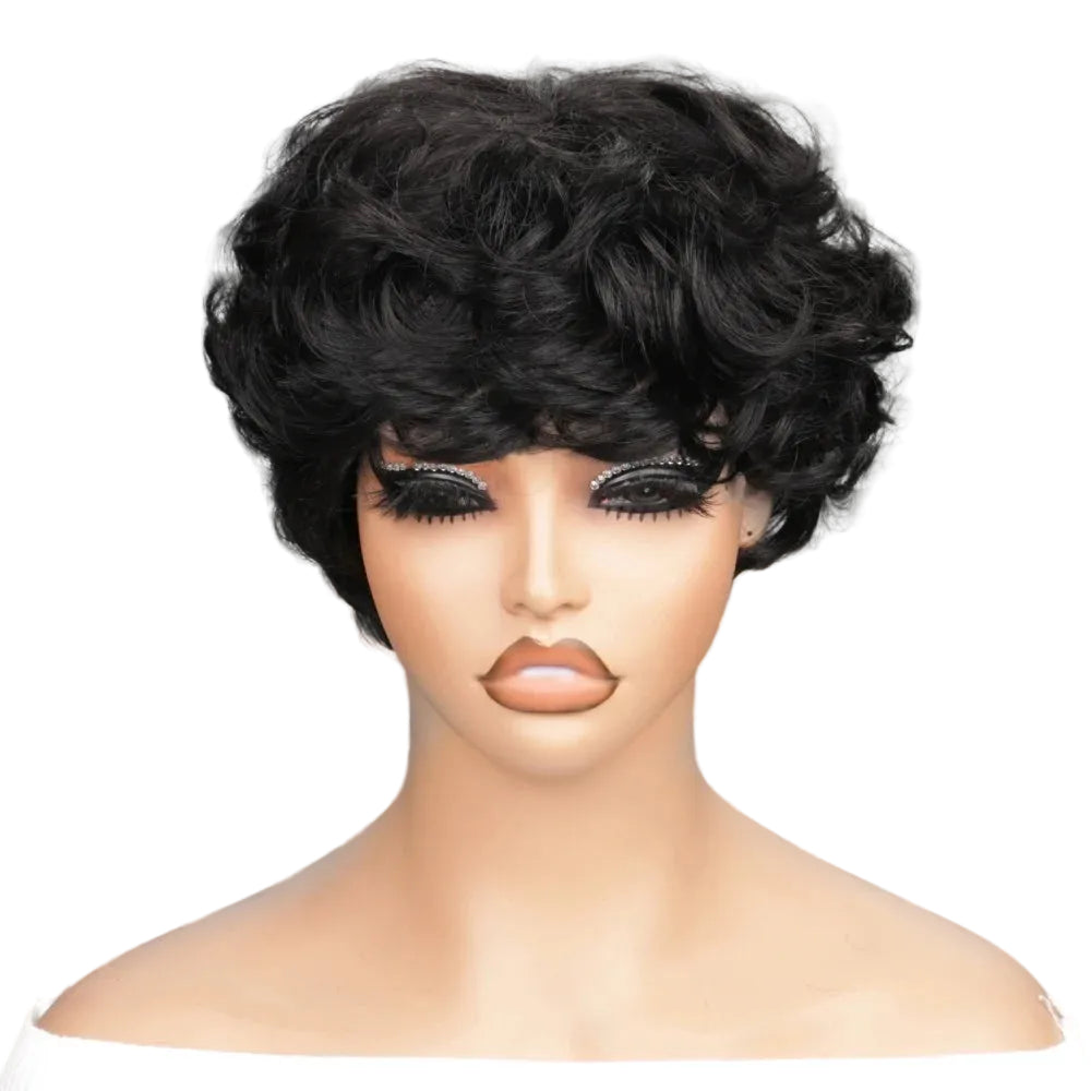 Short Pixie Cut Curly Bob Human Hair Wig With Bangs