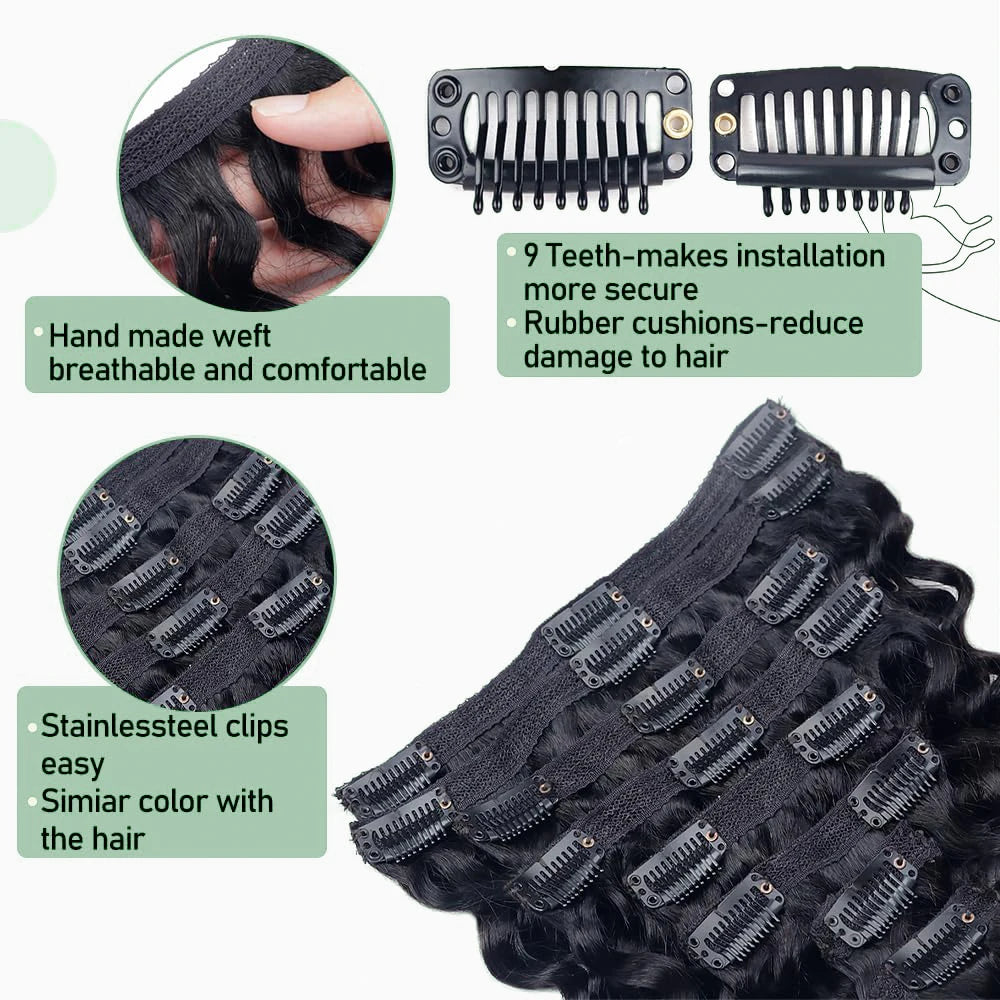 Extensions de cheveux humains à clipser Deep Wave, 8 pièces, 120 g