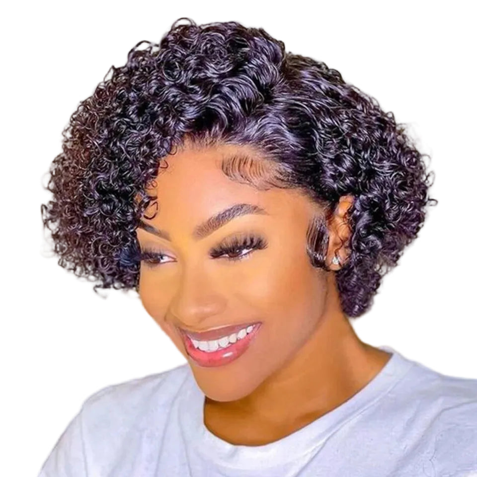 Perruque Courte Carrée Bouclée en Cheveux Humains Brésiliens Lace Front 13x6x1
