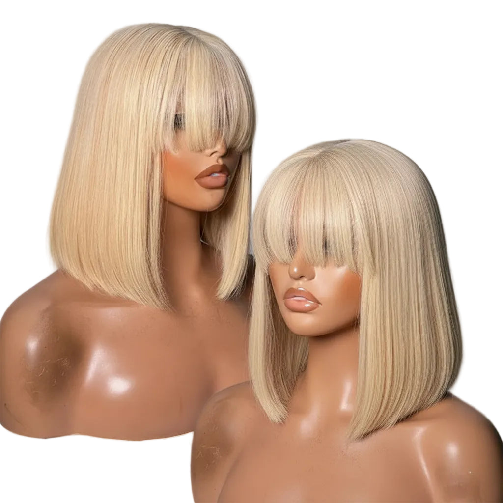 613 Blonde Straight Bob Wig With Bangs – Human Hair, No Lace