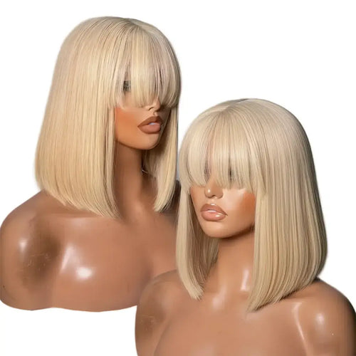 613 blonde straight bob wig with bangs displayed on mannequins, showcasing the sleek and modern hairstyle.