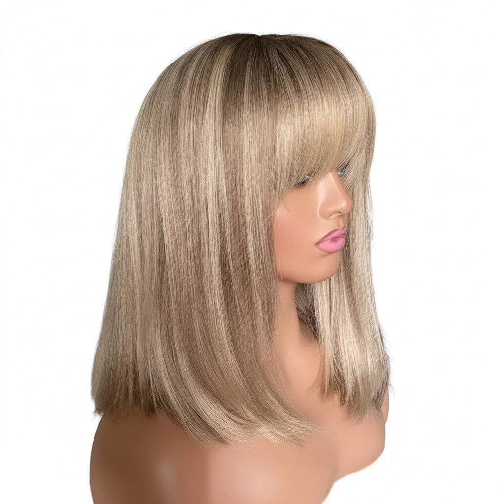 Bob-Perücke mit braunen und blonden Strähnen, Lace-Front, hitzebeständig