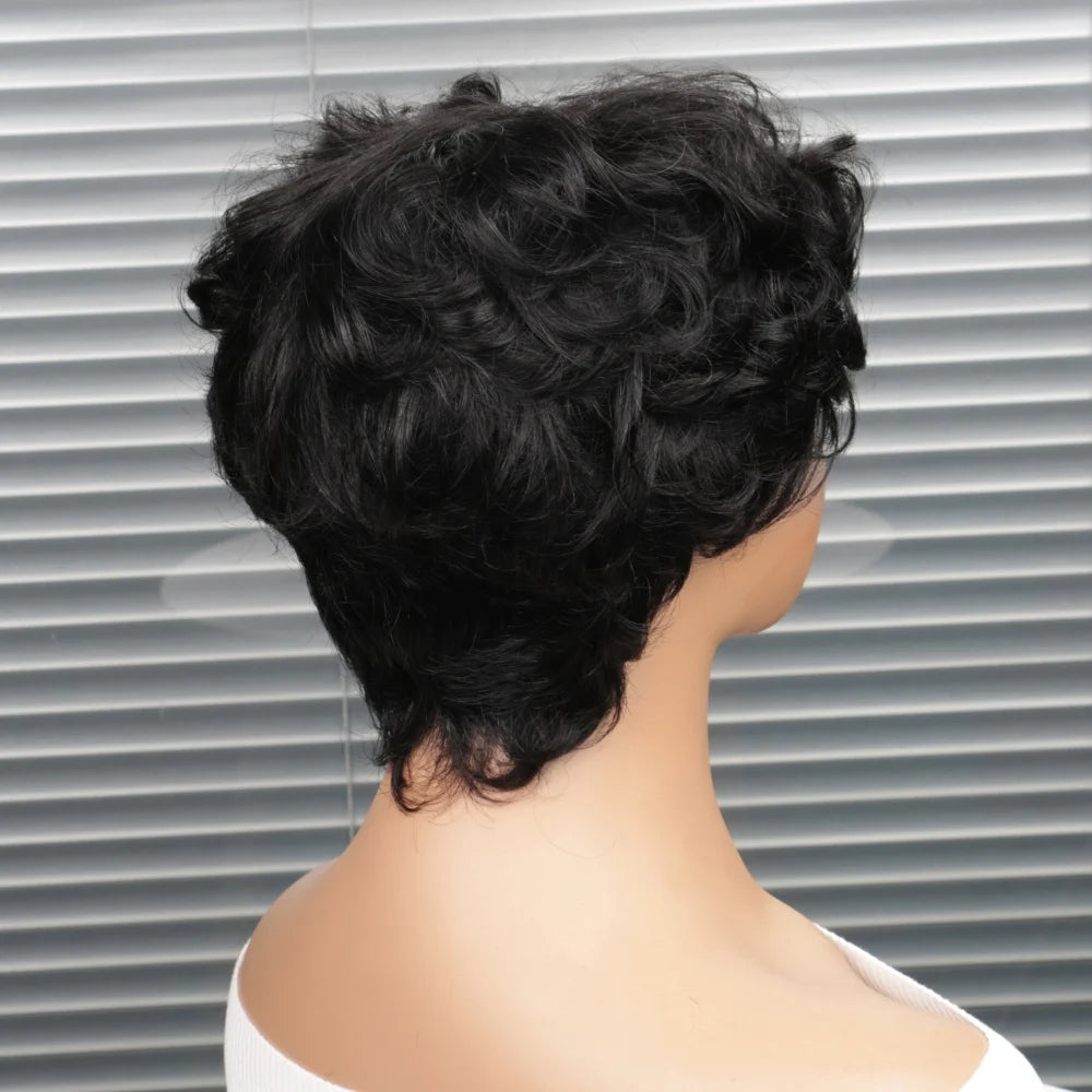Short Pixie Cut Curly Bob Human Hair Wig With Bangs