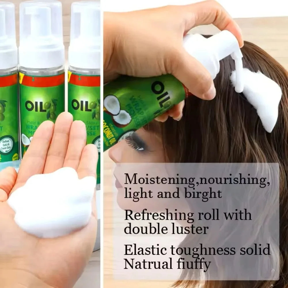 Curly hair mousse for wigs being applied to hair, showcasing moisturizing, nourishing properties.