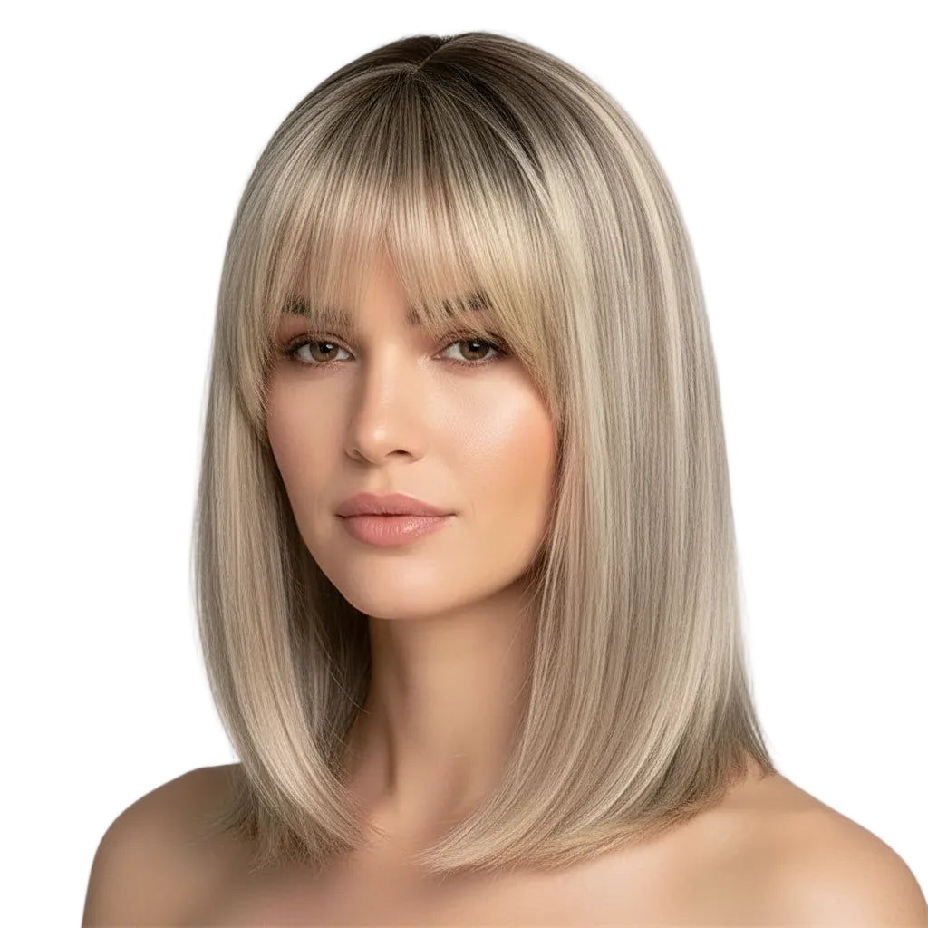 Bob-Perücke mit braunen und blonden Strähnen, Lace-Front, hitzebeständig