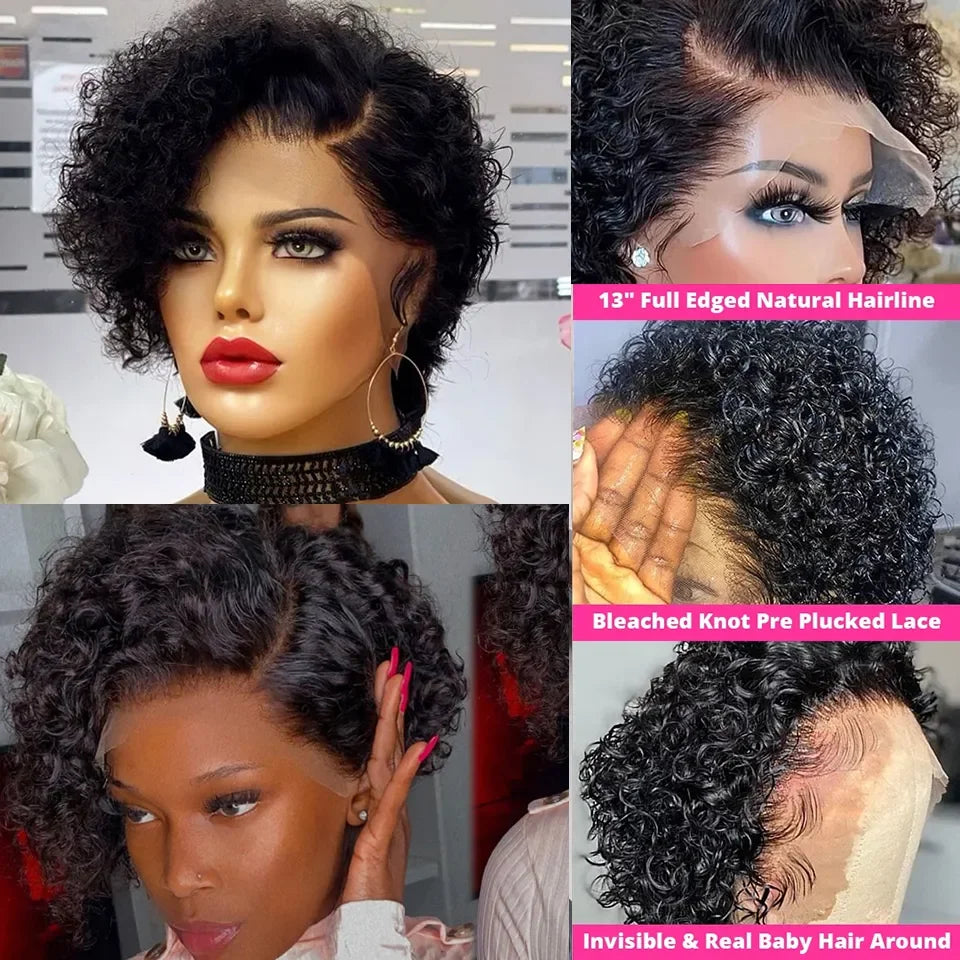 Perruque Courte Carrée Bouclée en Cheveux Humains Brésiliens Lace Front 13x6x1