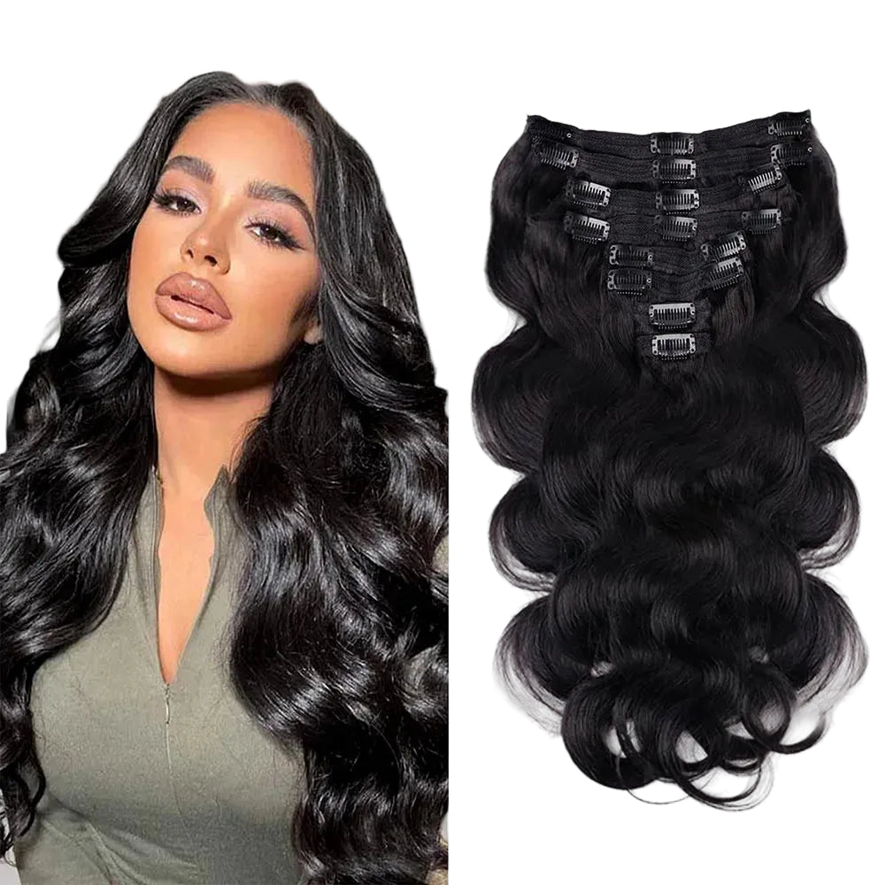 Extensions à clips en cheveux humains ondulés, noir naturel