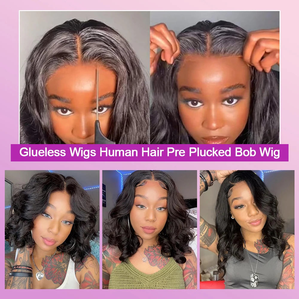 Perruque bob cheveux naturels ondulés HD Lace Frontal sans colle