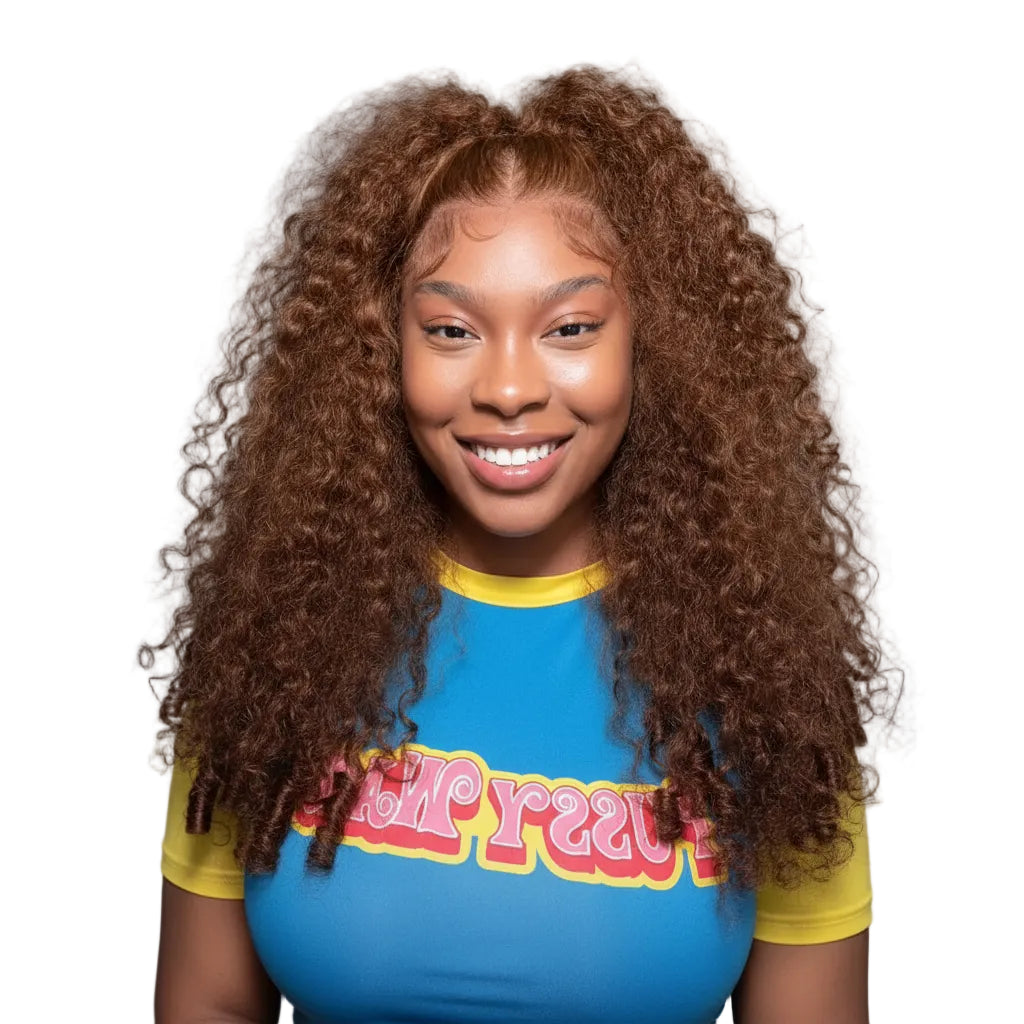 Perruque Lace Front HD 360 sans colle, brune chocolat, bouclée birmane