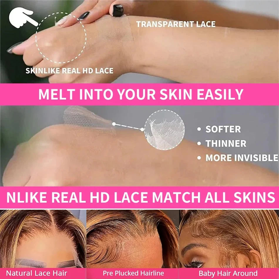 Perruque frontale en dentelle HD ondulée de couleur miel blond avec mèches