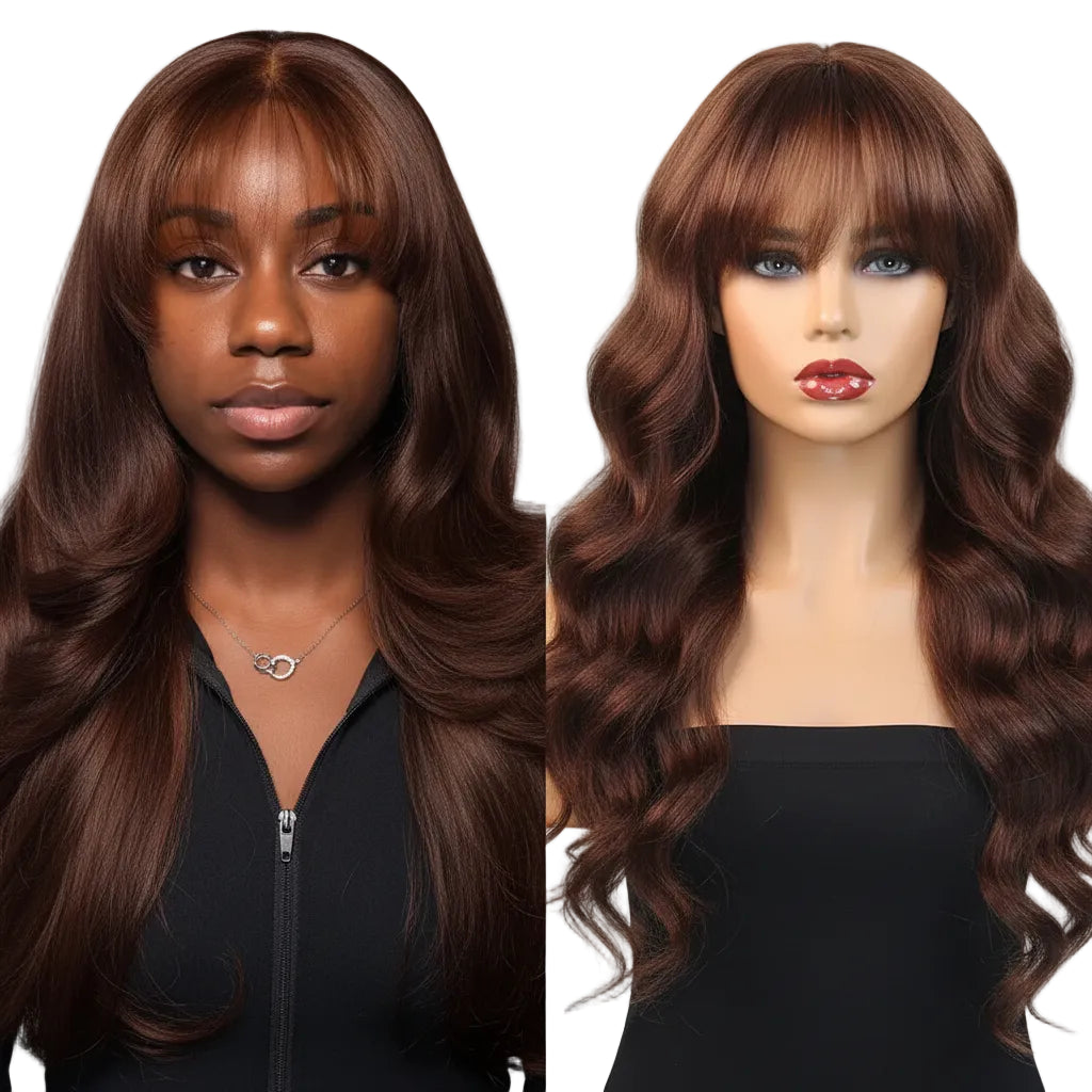 Perruque en cheveux humains ondulés brun chocolat avec frange