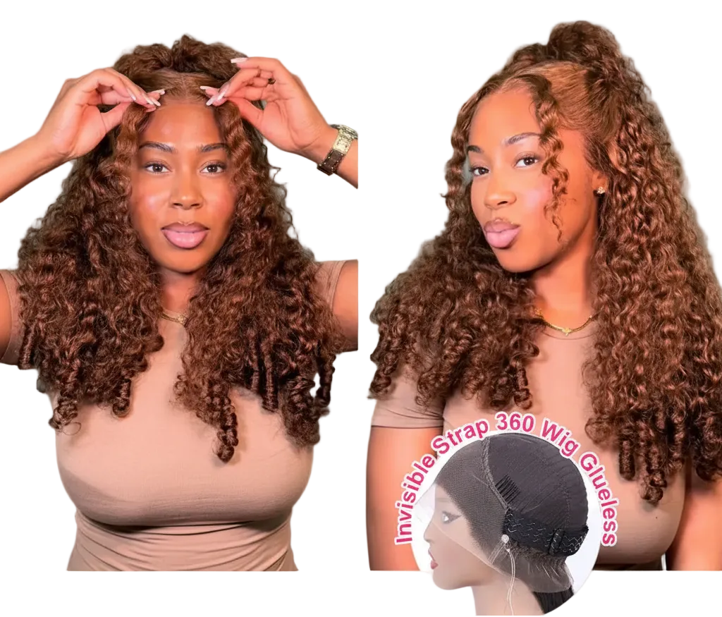 Perruque Lace Front HD 360 sans colle, brune chocolat, bouclée birmane