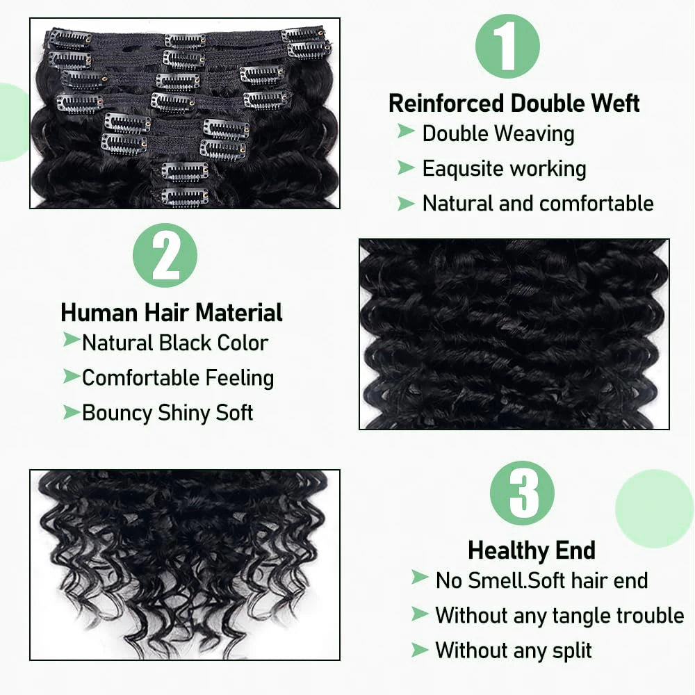 Extensions de cheveux humains à clipser Deep Wave, 8 pièces, 120 g