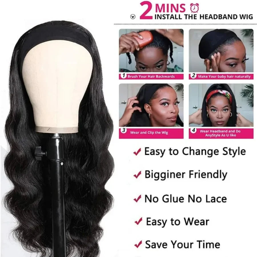 Straight Headband Wig Human Hair Brazilian – 200–250% Density