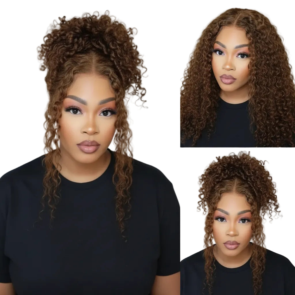 Perruque Lace Front HD 360 sans colle, brune chocolat, bouclée birmane