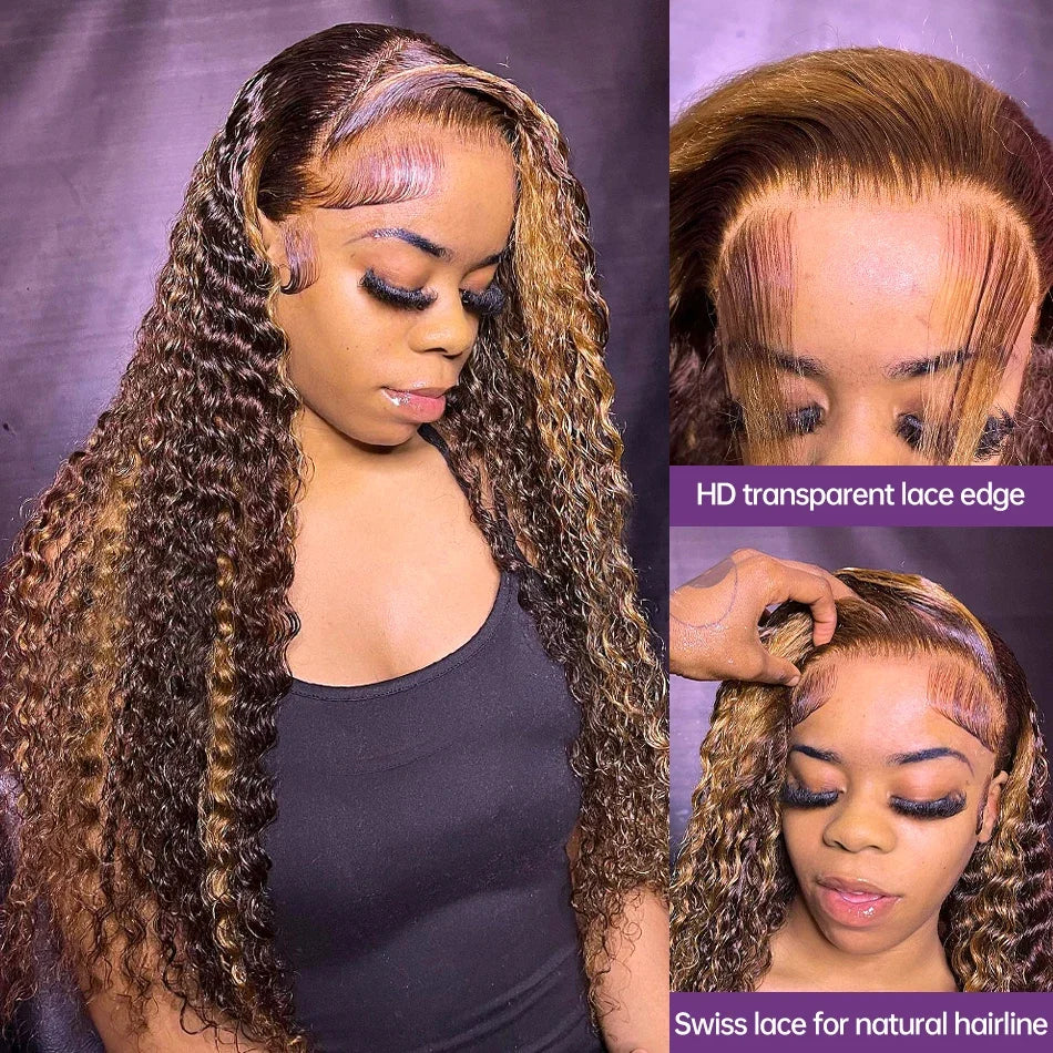 Honey Blonde Highlight Deep Wave HD Lace Front Wig