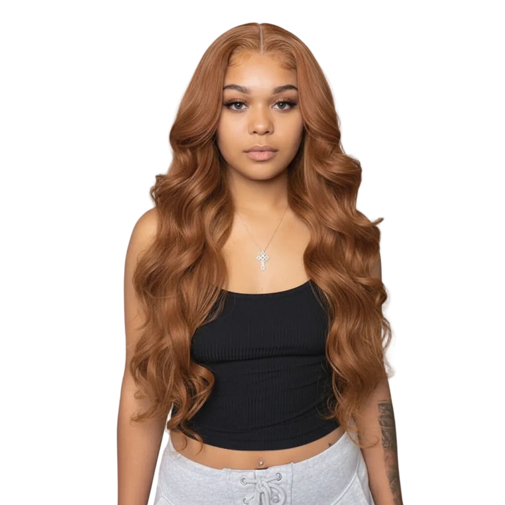 Perruque de cheveux humains ondulés, frontale en dentelle, blond vénitien