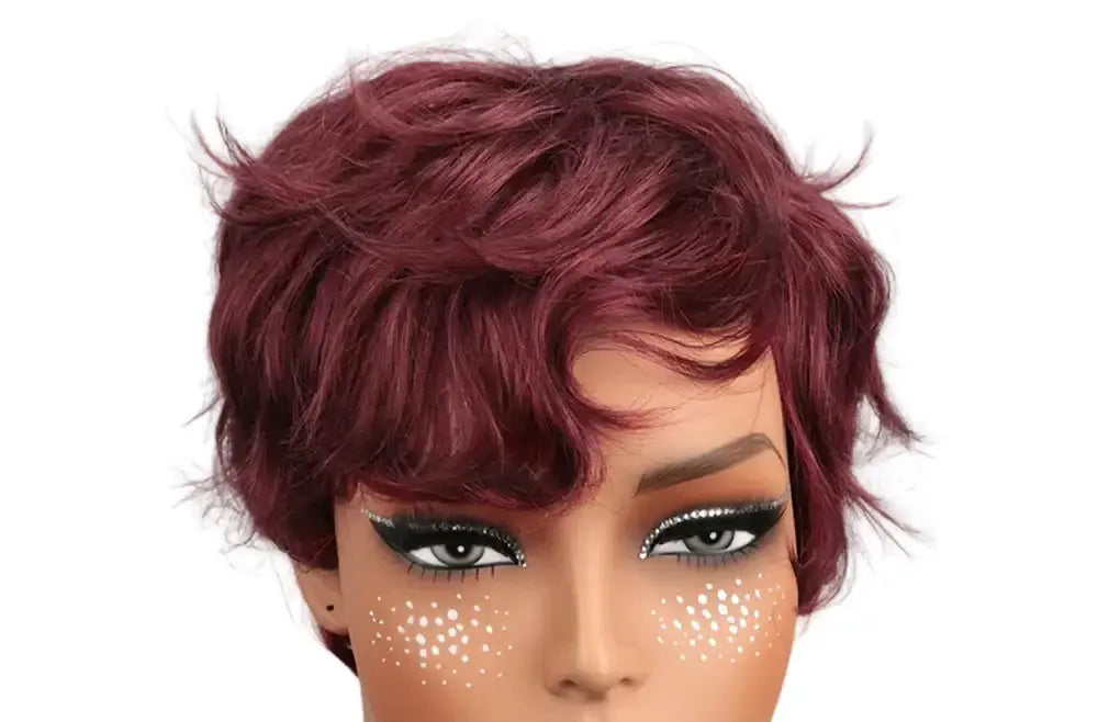 Light brown pixie cut wig displayed on mannequin, featuring short, sleek style for a chic look.