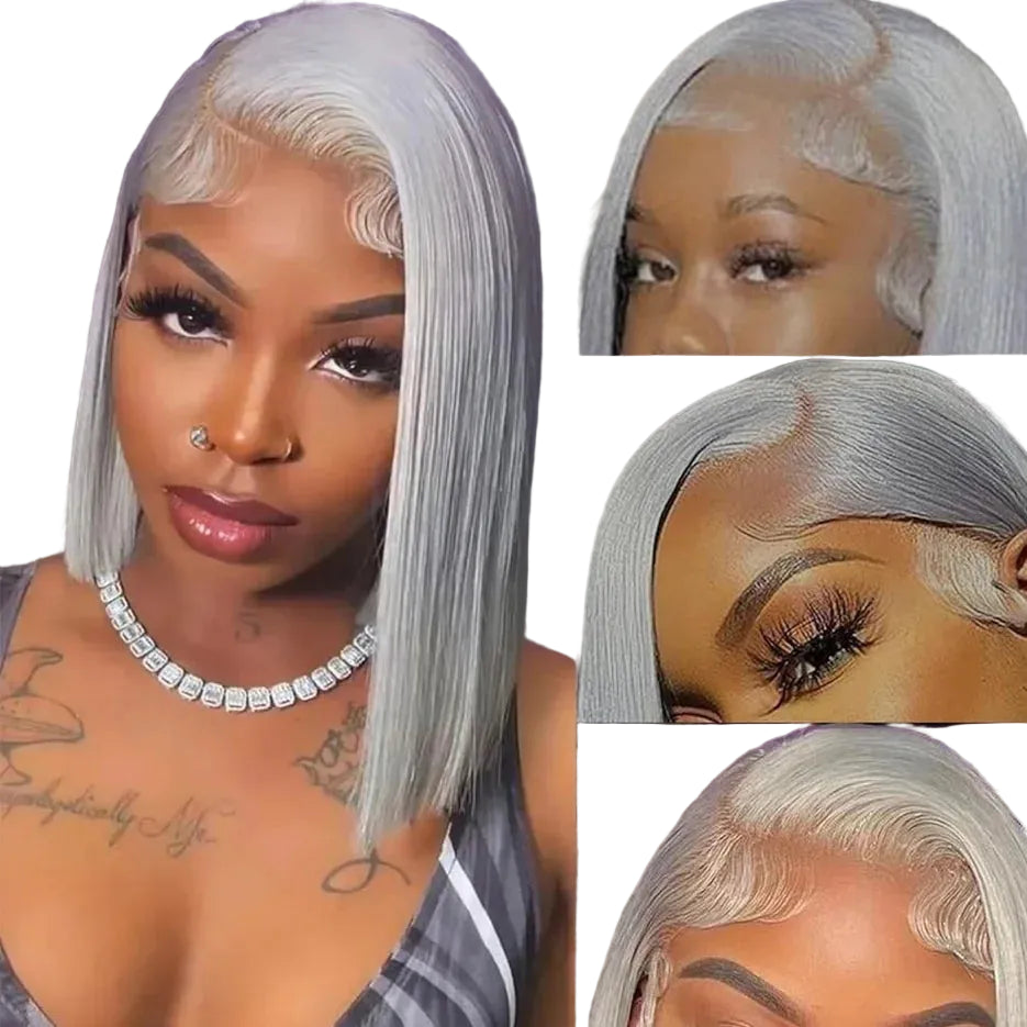 Silver Grey Bob 13x4 HD Lace Front Straight Human Hair Wig