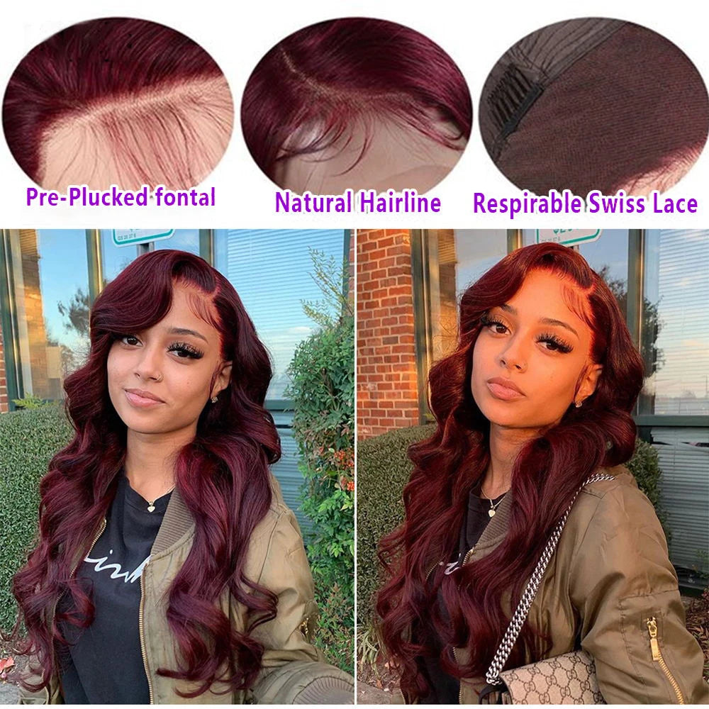 Perruque Lace Front HD 13x4 Body Wave Bordeaux 99J Densité 200%