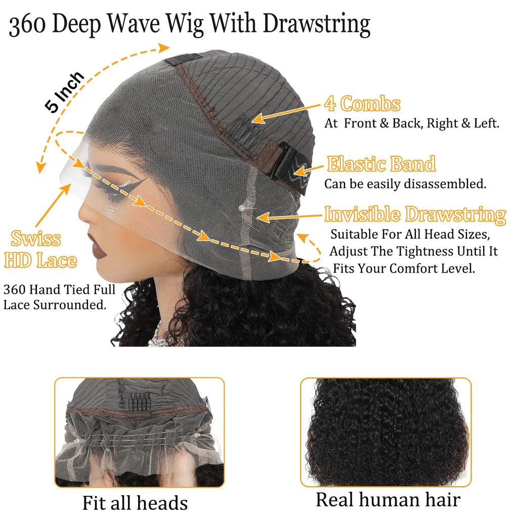 Perruque indétectable 360 HD en cheveux humains frisés profonds, densité 200 %